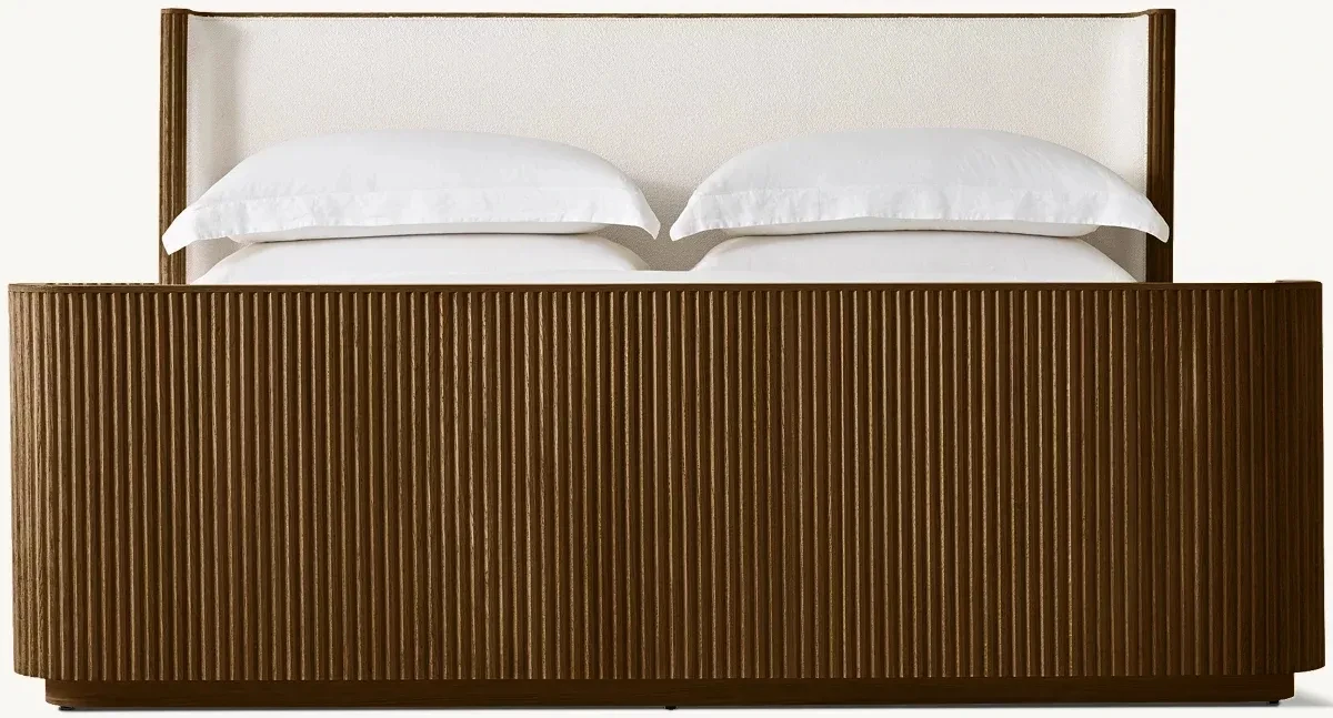 Factory Supply Cal King Oak Wood Bed Handcraft Byron Fabric Shelter Bed With Footboard For Bedroom