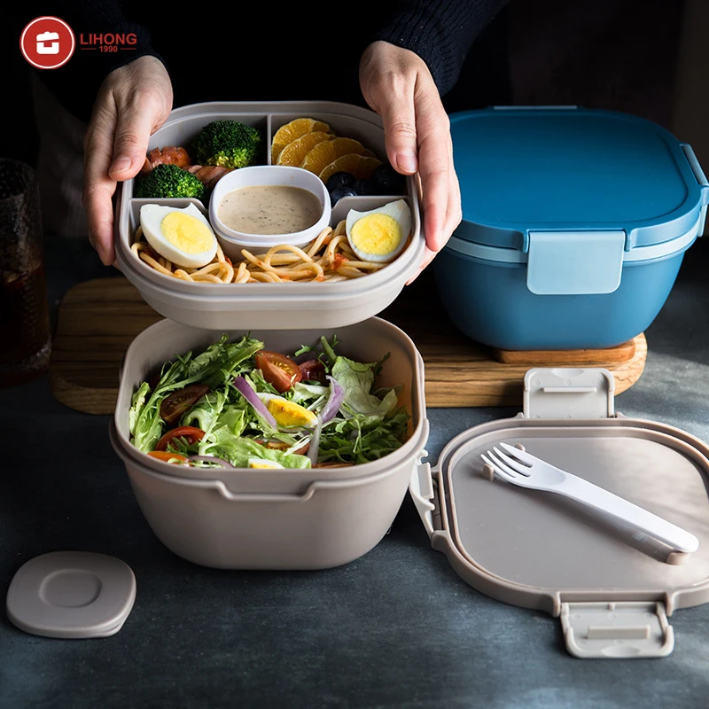 Baming Salad Bowl - Stackable Lunch Container with Large 54-oz Food Box 4 Compartment Bento Box Tray Built-In Reusable Fork