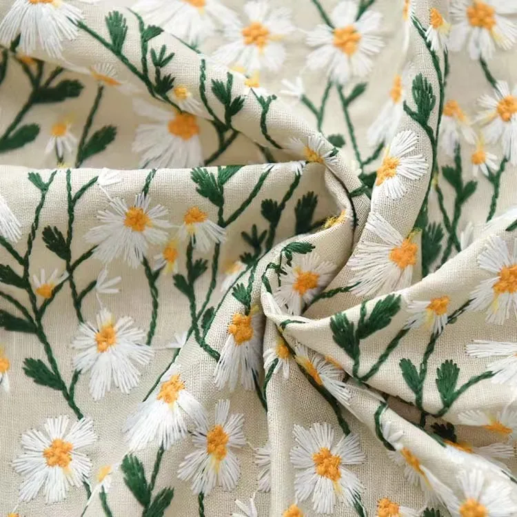 OEM Custom Design Colorful Floral Daisy Ramie Linen Cotton Woven Embroidery Fabrics for Clothing