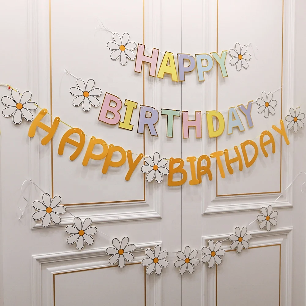 Macaron Smile Daisy theme Happy Birthday Party Banner Decorations Supplies for Kids Girls Foil Balloon Flower Paper Banner