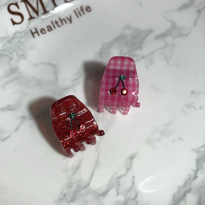 Ins beauty mini plastic acrylic sparkle glitter hair claws clip with letters and cherry crystal sweet hair accessories