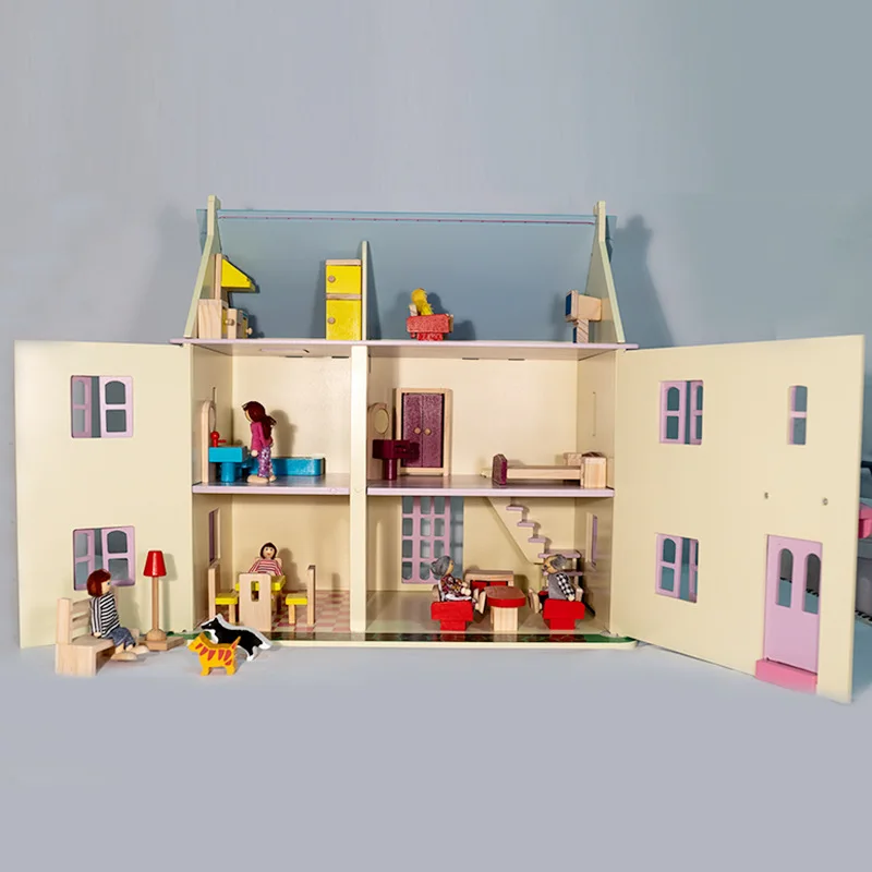 Wooden Doll House Diy Kit With Furniture Pretend Play Luxury Villa Model Play Set Toys