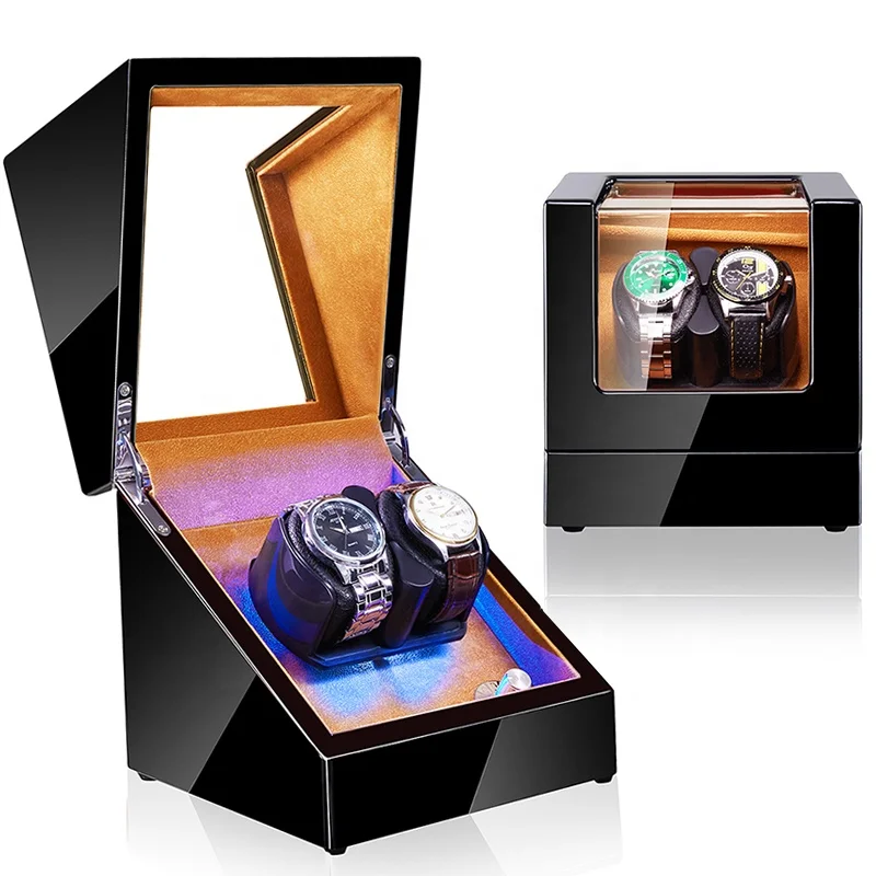 
Luxury Christmas Gift Watch Holder Box Man Velvet Inside LED Automatic Gyroscopic Watch Winder Rotating Case 2 Watches Storage 