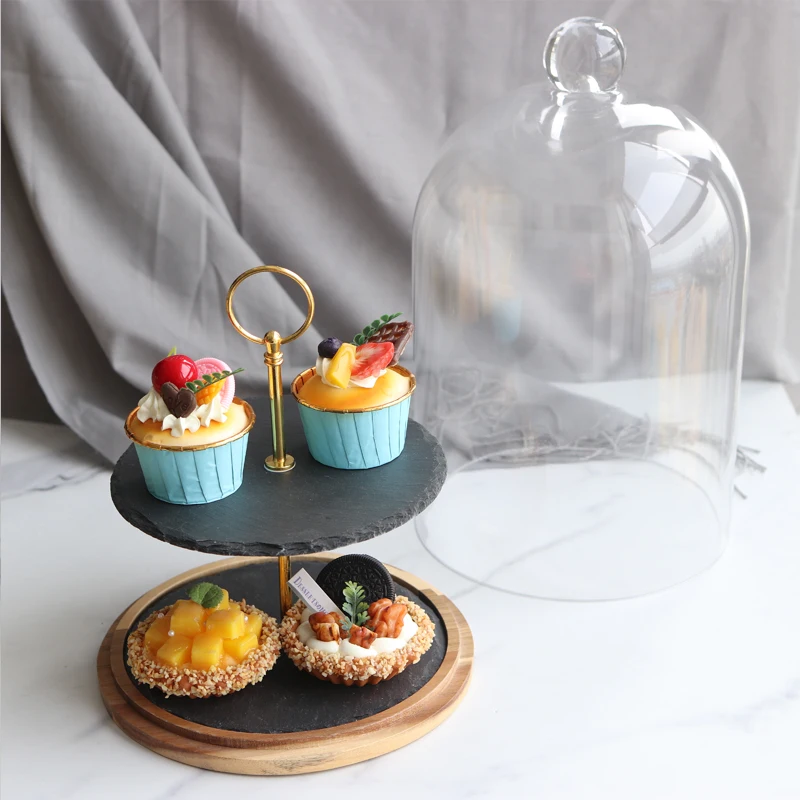 Slate 2-Tiered Round Dessert Cupcake Stand Macaron Fruit Displaying Stand Serving Tray with glass dome