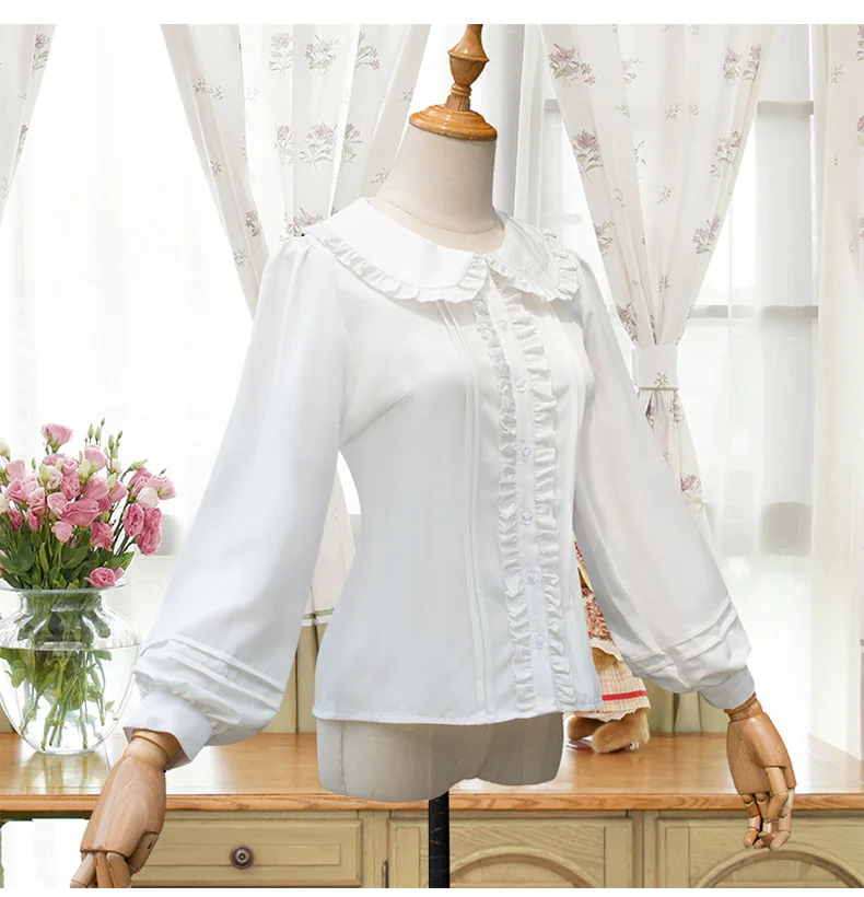 Korean Style White Color Peter Pan Collar Chiffon Long Sleeve Fashion Lady Lolita Cute Shirt Blouse