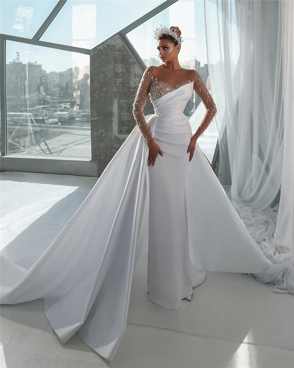 Instagram popular luxury Pearls detachable train Modern Eco-friendly Soft Satin Crystal Mermaid/Trumpet Breathable wedding dress