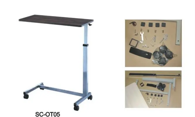 Adjustable Gas Spring Bedside Table with Wood Grain Countertop Stainless Steel Manual