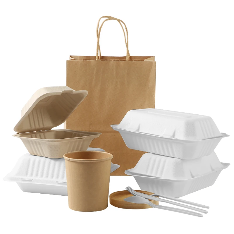 Desechables disposable pulp tableware sugarcane bagasse clamshell to go container with lid