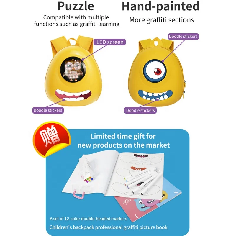 Hand-painted children backpack display screen full color USB power backpack, children creative leisure backpack
