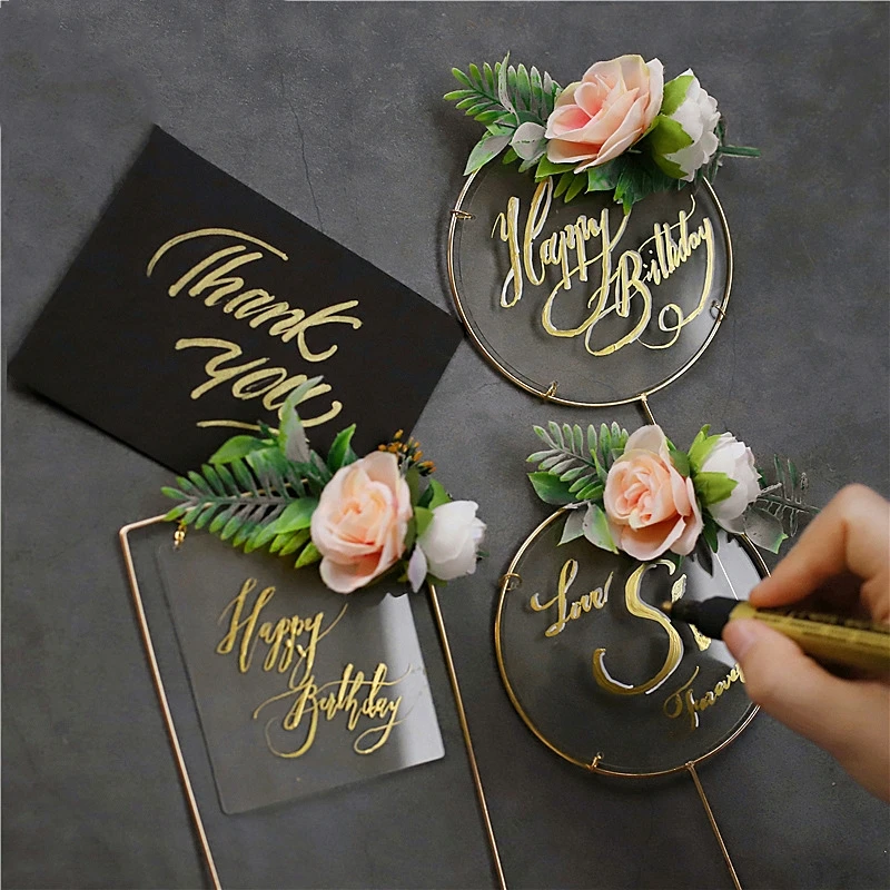 DIY Flower Transparent Acrylic Cake Topper Blank Iron Cake Decoration Insert Iron Arch Acrylic Round Card  for Birthday Cake