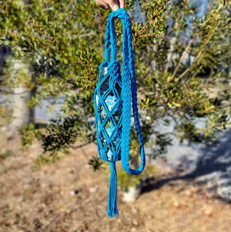 Boho Style Reusable Gift Cotton Hiking Accessory Macrame Carrier Water Bottle Holder Sling Bag