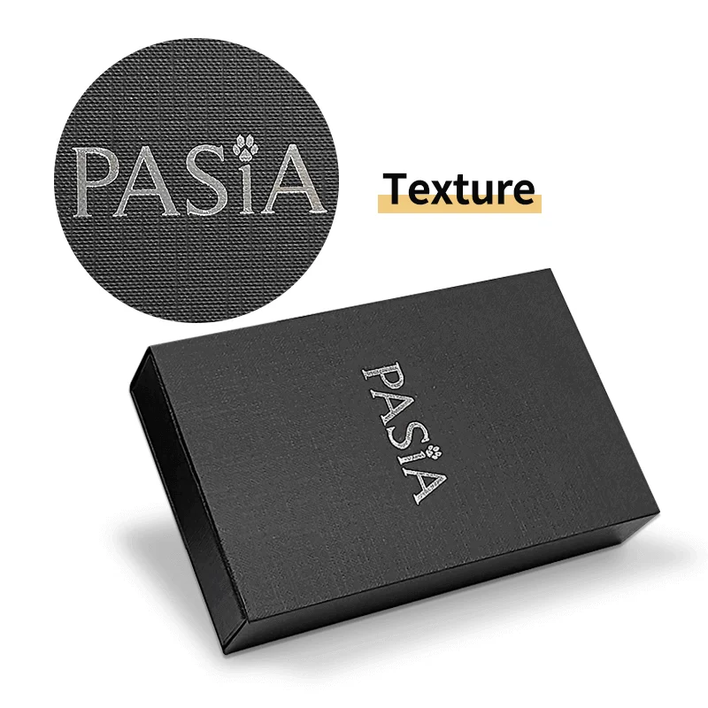 premium luxury black boxes for packaging with a special texture linen pattern pull out sliding logo silver foil stamping