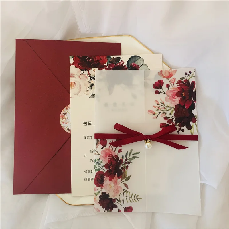 Chinese Custom Glitter Laser Cut Wedding Invitations with Ribbon and Envelopes Personalized Wedding Invitation Card