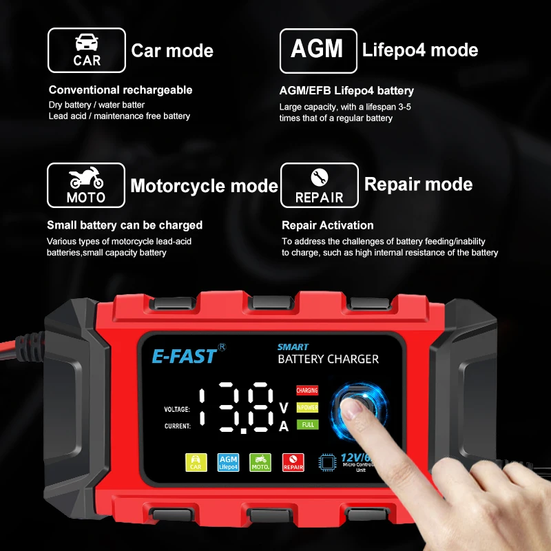 TK-360 12V 6A Intelligent Automatic 3 stages charging Car Battery Charger Boat AGM Deep Cycle GEL Lead Acid LiFePO4 Pulse Repair