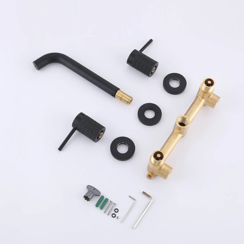 Bathroom In Wall Double Lever Tap Black Basin Mixer Faucet