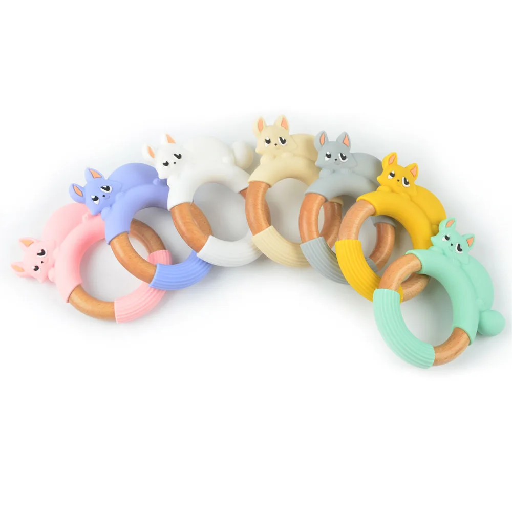 Wholesale Eco-friendly Non-toxic Panda Fox Wooden Ring Anti-eating Hand Wear-resistant Drop-resistant Baby Silicone Teether