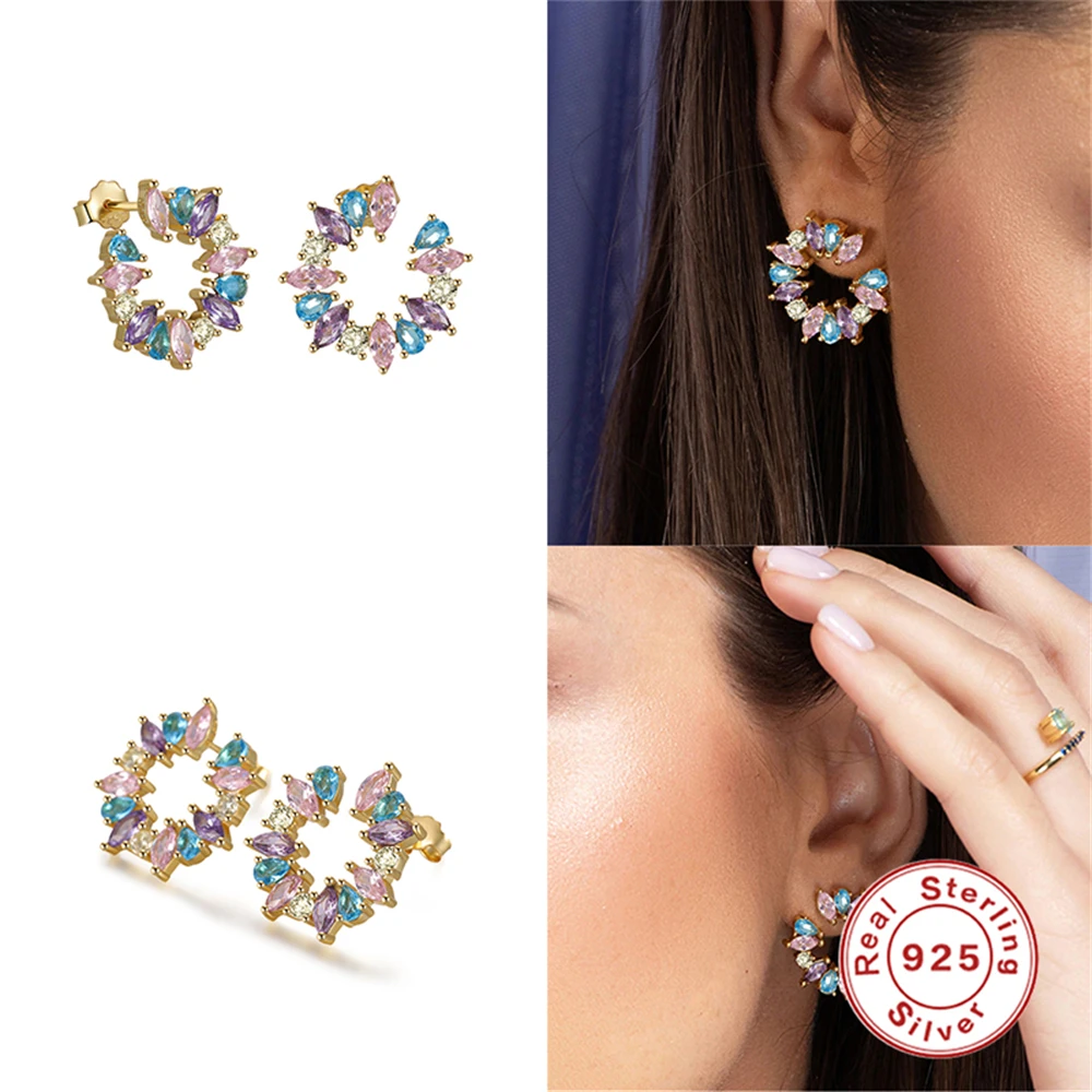 Fashion Jewelry Earrings 18K Gold Plated Diamond Silver Korean Colored Zircon Stud Earings Women
