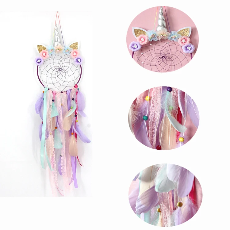 Единорог, мечта, единорог, Ловцы снов со светодиодом, красочное перо ручной работы для детей, Детский декор для девочек, настенное украшение, подарок благословение