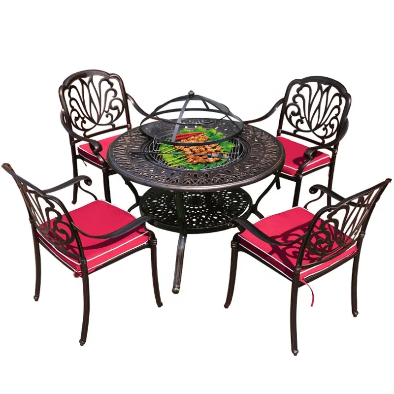 Garden Set Cast Aluminum Outdoor Furniture Patio Dining tavolo da giardino Chair Set Charcoal BBQ Table