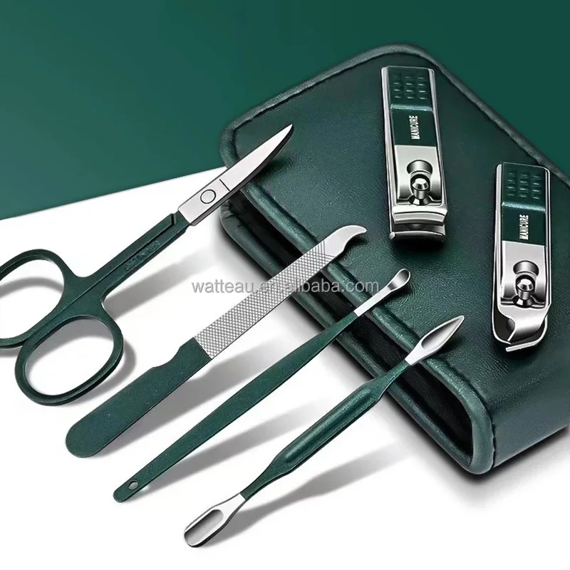 6 Pcs/Bag Portable Luxury Manicure Sets Bright Black Nail Clipper Set Green Nail File Eyebrow Scissors Personal Care Tools