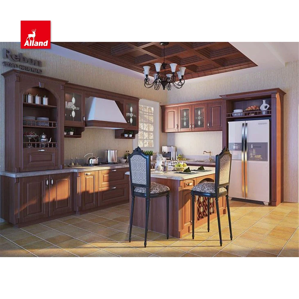 AllandCabinet Customized White Painted Brown Stained Cherry L Shaped Shaker Raised Door Kitchen Cabinet with Island Range Hood