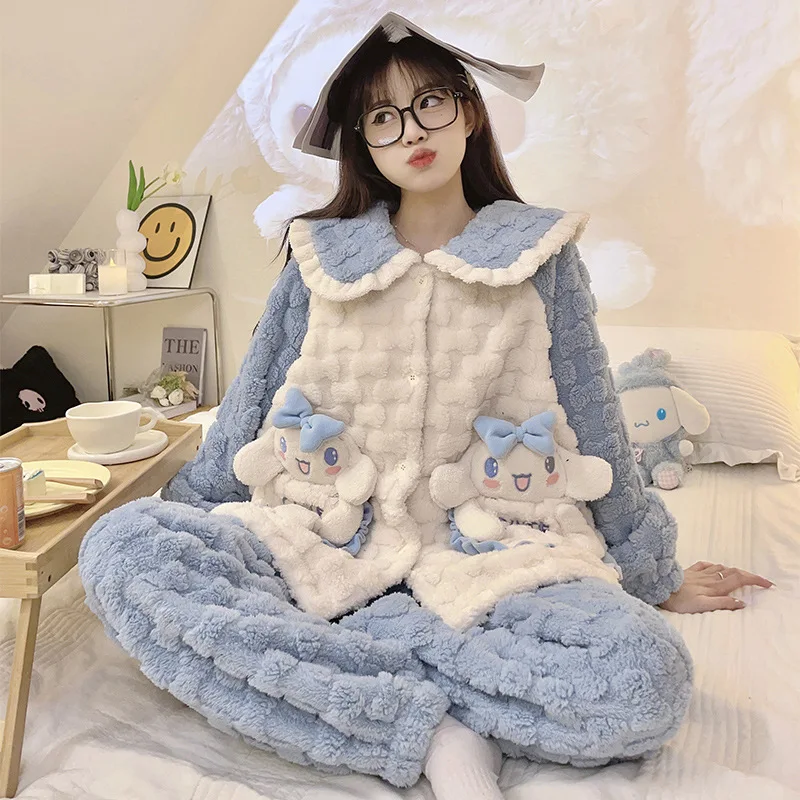 Sanrioed clothing cinnamo roll sanrioed pajamas kuromi sleepwear melody thick long sleeve fleece pajama hello kt cartoon dresses