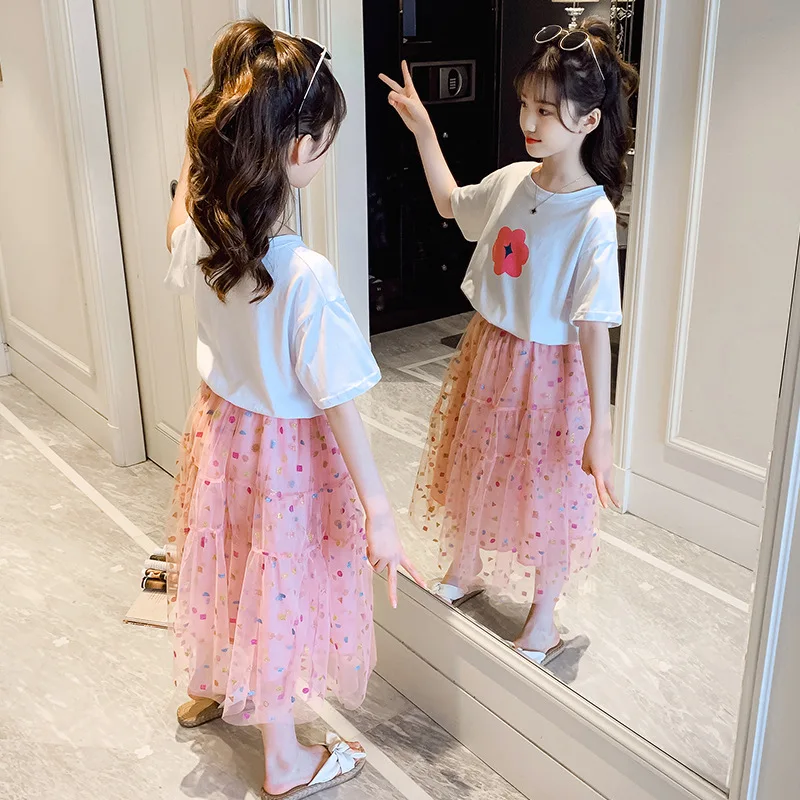 Lovely Fashion Summer 4-13 Years Girls 2 Pcs/Set Party Clothing T-Shirt Short Skirt Suits For Girls