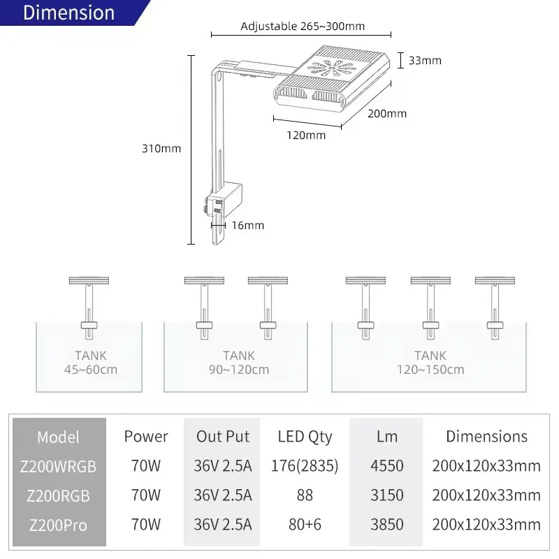 WEEK AQUA LED WEEKAQUA Z200 RGB/WRGB 70w Full spectrum LED Aquarium Light for planted freshwater aquarium lamp Z200 PRO
