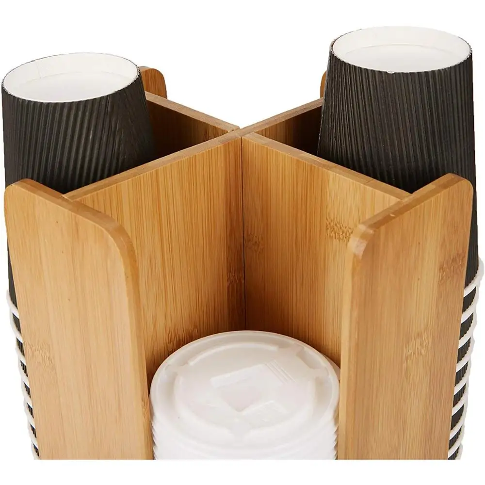 Coffee Cup and Lid Organizer Carousel 4 Compartment Bamboo 4-Cup Paper Holder