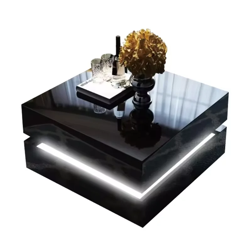 Modern Coffee Table For Living Room High Glossy UV Black Coffee Table  With LED Lights