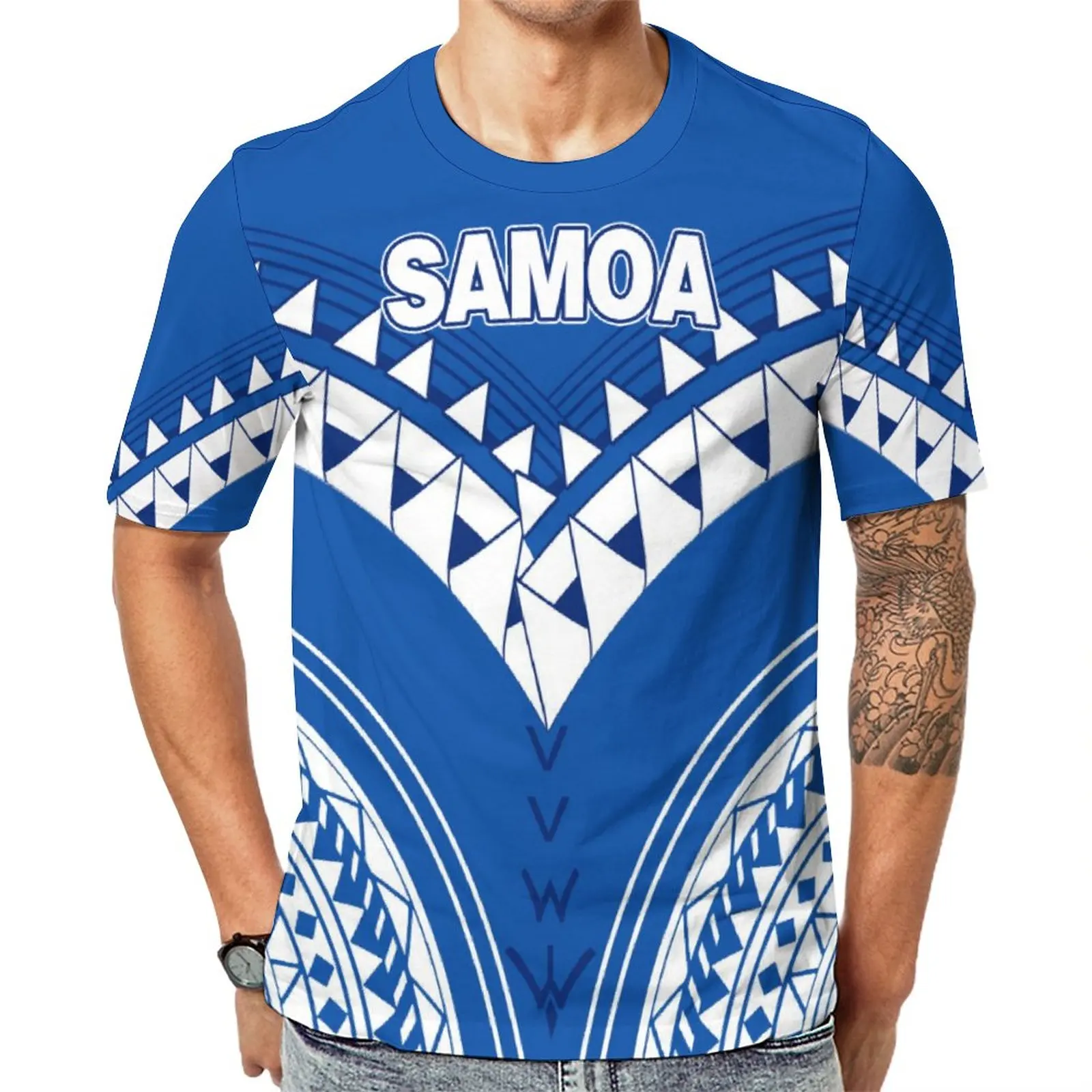 Toa Samoa T Shirts Custom Logo Blue And White T-shirts Polynesian Tribal Top Quality Short Sleeve Round Neck Blank Men Tee