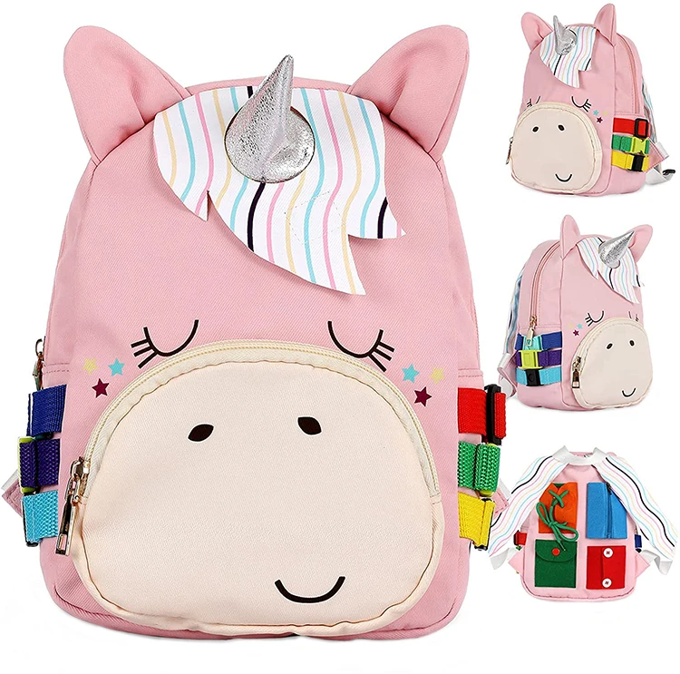 Custom cartoon unicorn toddler school bags busy board learning backpack montessori educational toys