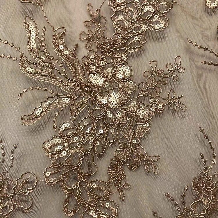 High end 3D mesh sequin embroidery fabric for wedding dress, 100% polyester embroidery fabric/
