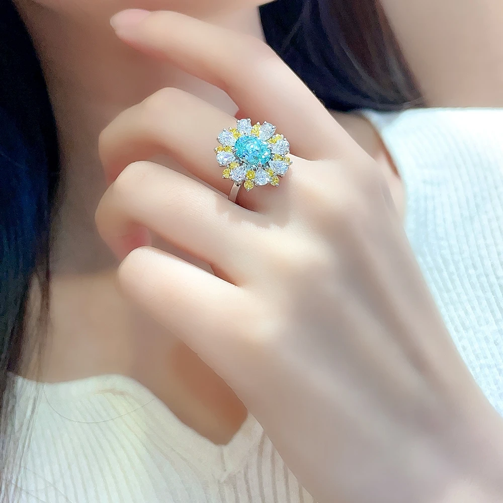 3ct Lab Grown Gemstone Neon Blue Paraiba Halo Ring Premium S925 Sterling Silver Halo Design Flower Luxurious Wedding Women Ring