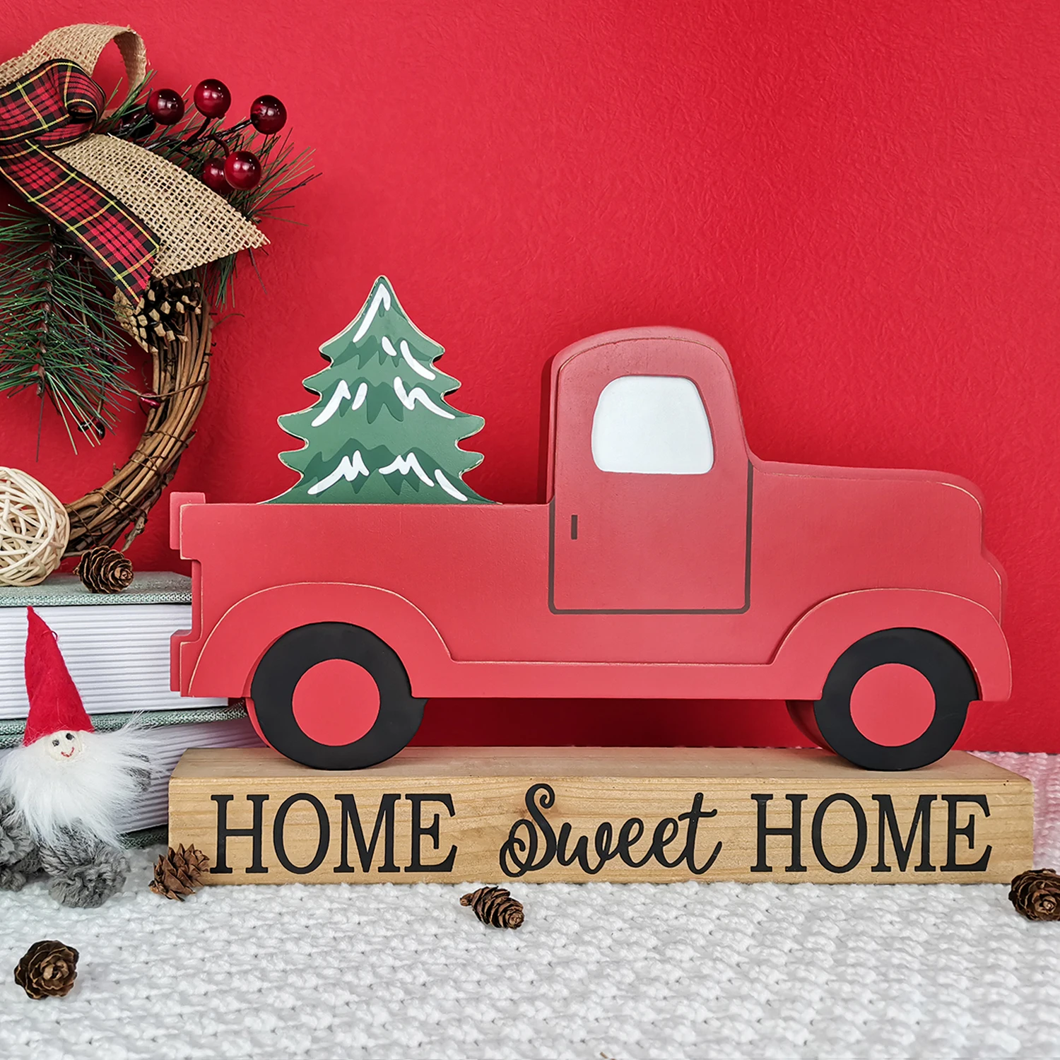 Home Decor International Day Decoration Wooden Red Truck Welcome Sign Tabletop with Interchangeable Icons