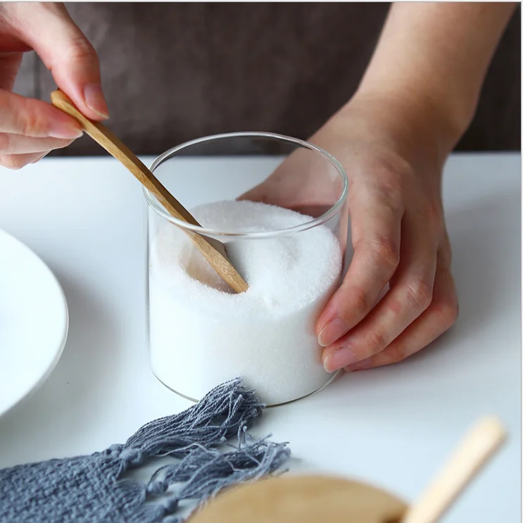 High borosilicate food small thing spice transparent clear glass storage jar set with wooden lid and bamboo spoon