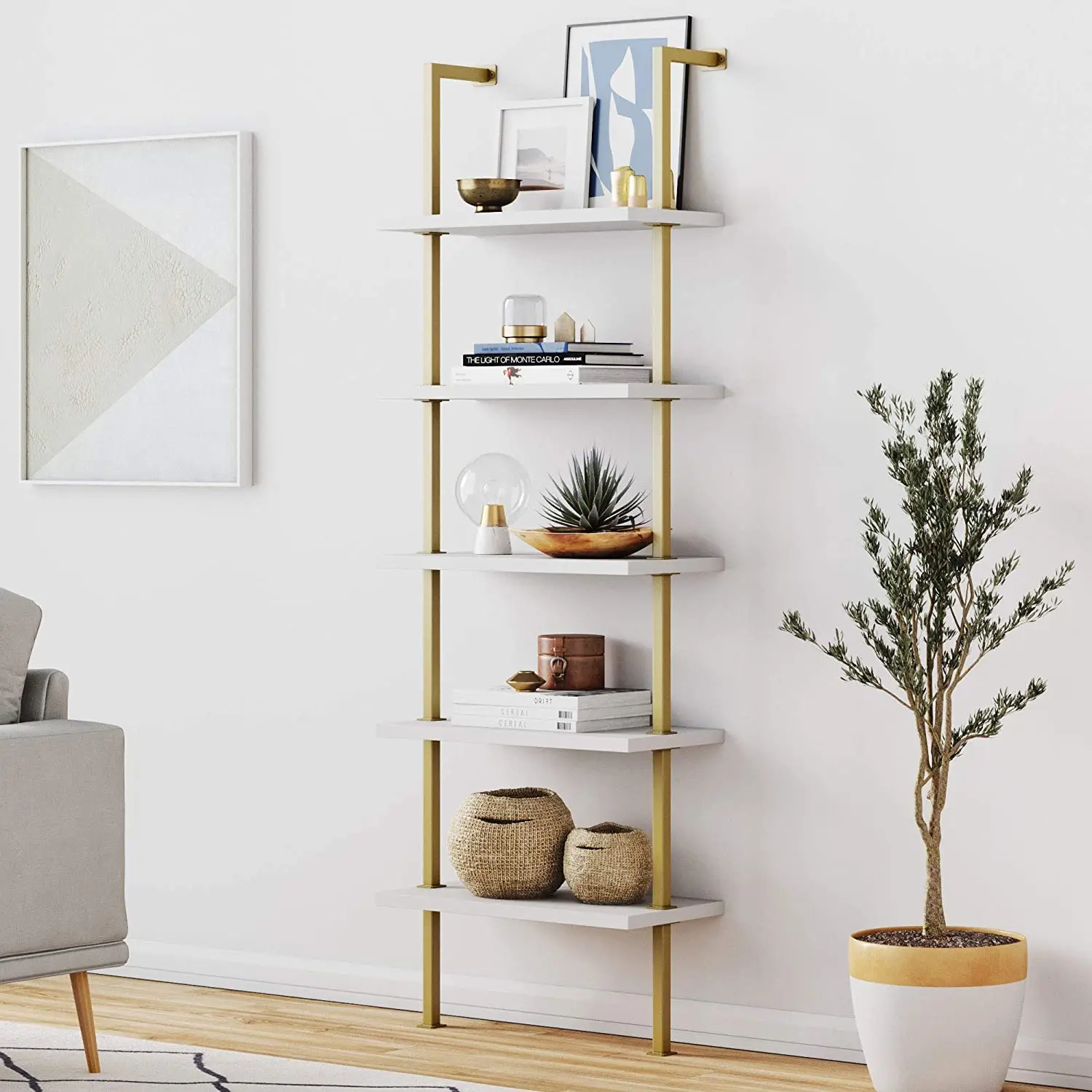 5-Shelf Modern Bookcase Wall Mounted Ladder Bookshelf Storage Shelf
