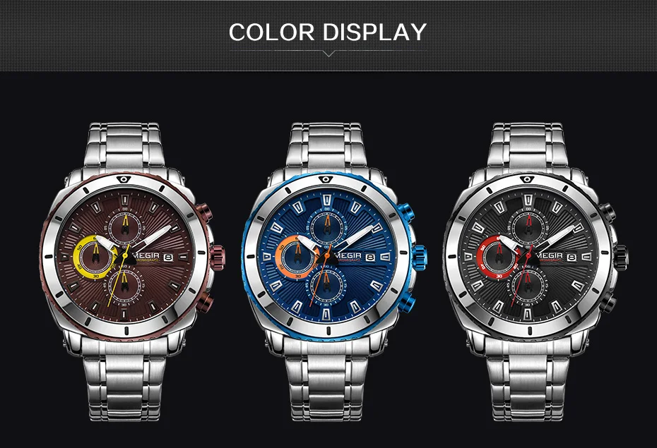 MEGIR 2075 Chronograph Quartz Men Watch Luxury Brand Stainless Steel Business Wrist Watches Men