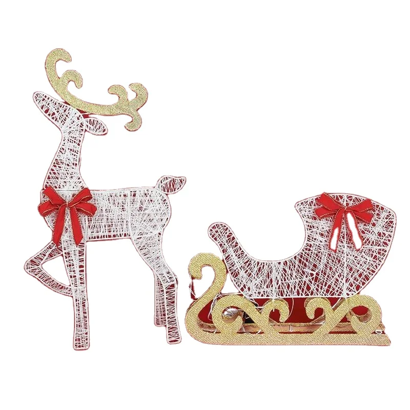 Deer pulling cart sculpture, Christmas decorations with bright lights, hollowed-out iron animal elk ornaments