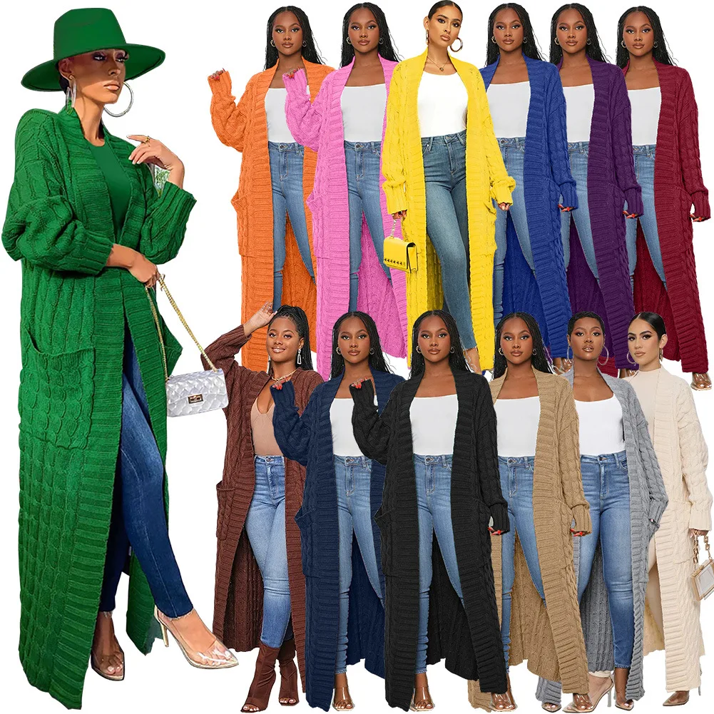 2022 Autumn Winter Japan South Korea Casual Loose Wool Coat Women Cashmere Cable Knit Cardigan Pocket Long Twist Sweater Coat