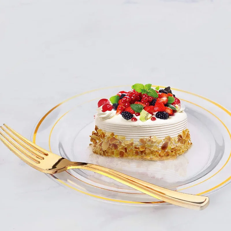 Disposable Transparent Silver Rimmed Heavy Duty Round Plastic Plates And Cutlery For Wedding Party