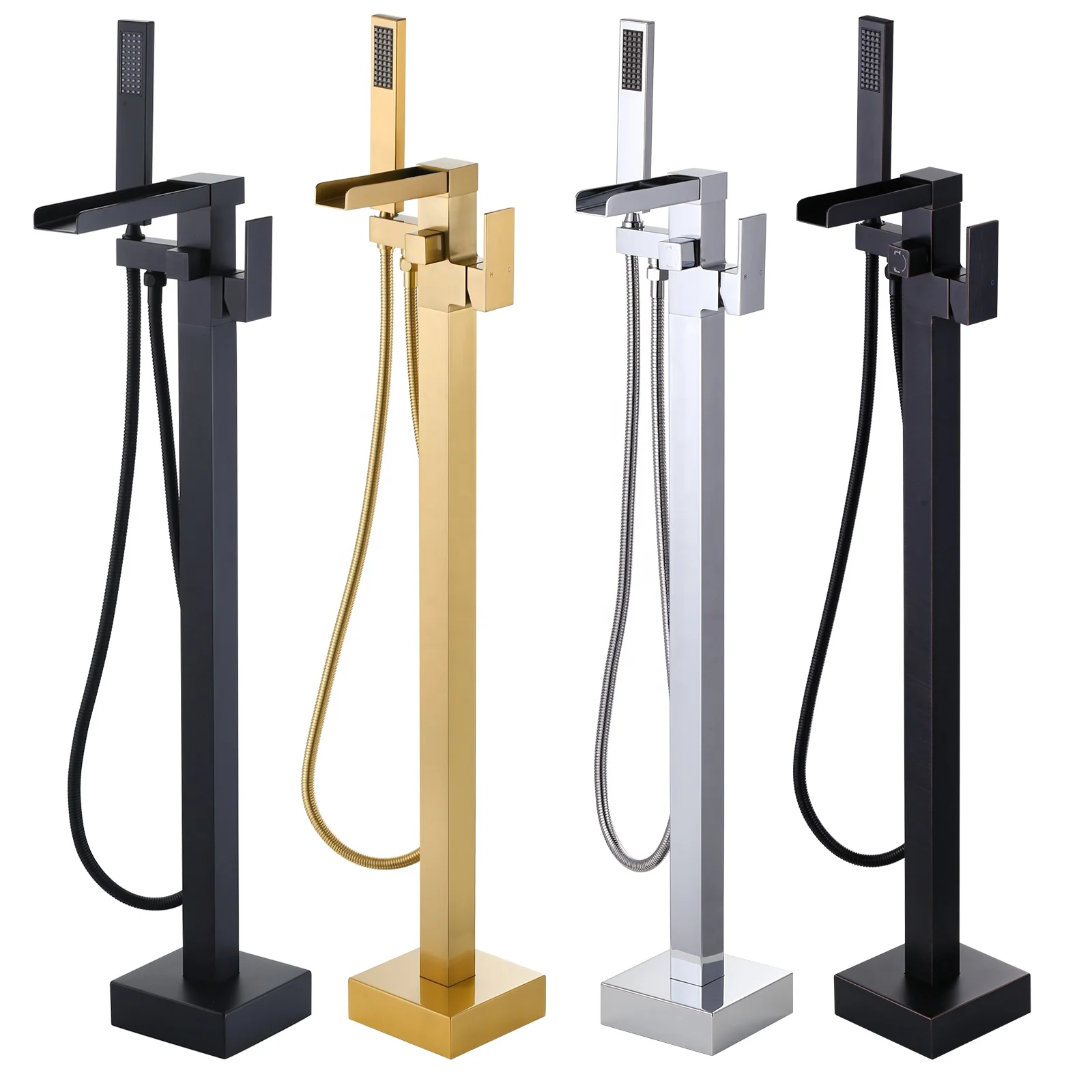 Матовый черный напольный смеситель для ванны OEM с ручным душевым лейкой, латунный Смеситель для ванны