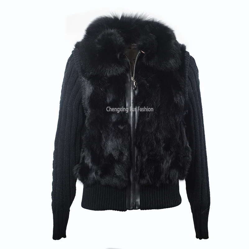 CX-G-A-283C New Natural Rabbit Fur Jacket With Real Fox Fur Collar Real Rabbit Fur Coat In Stock