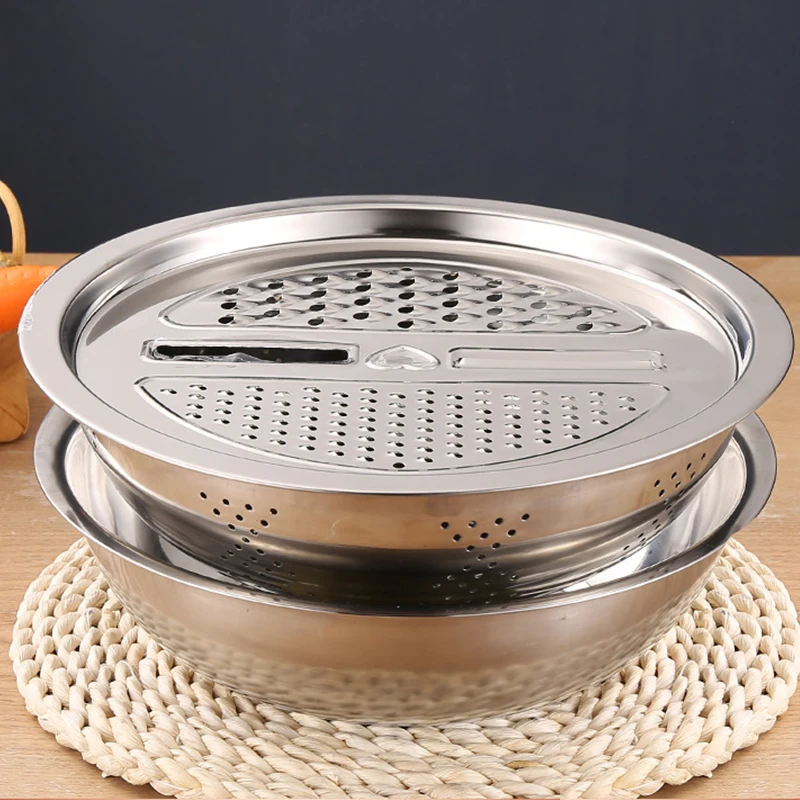 Stainless Steel Kitchen Tool Vegetable Cutter With Drain Basket Washing Bowl 3 In 1 Colander For Kitchen