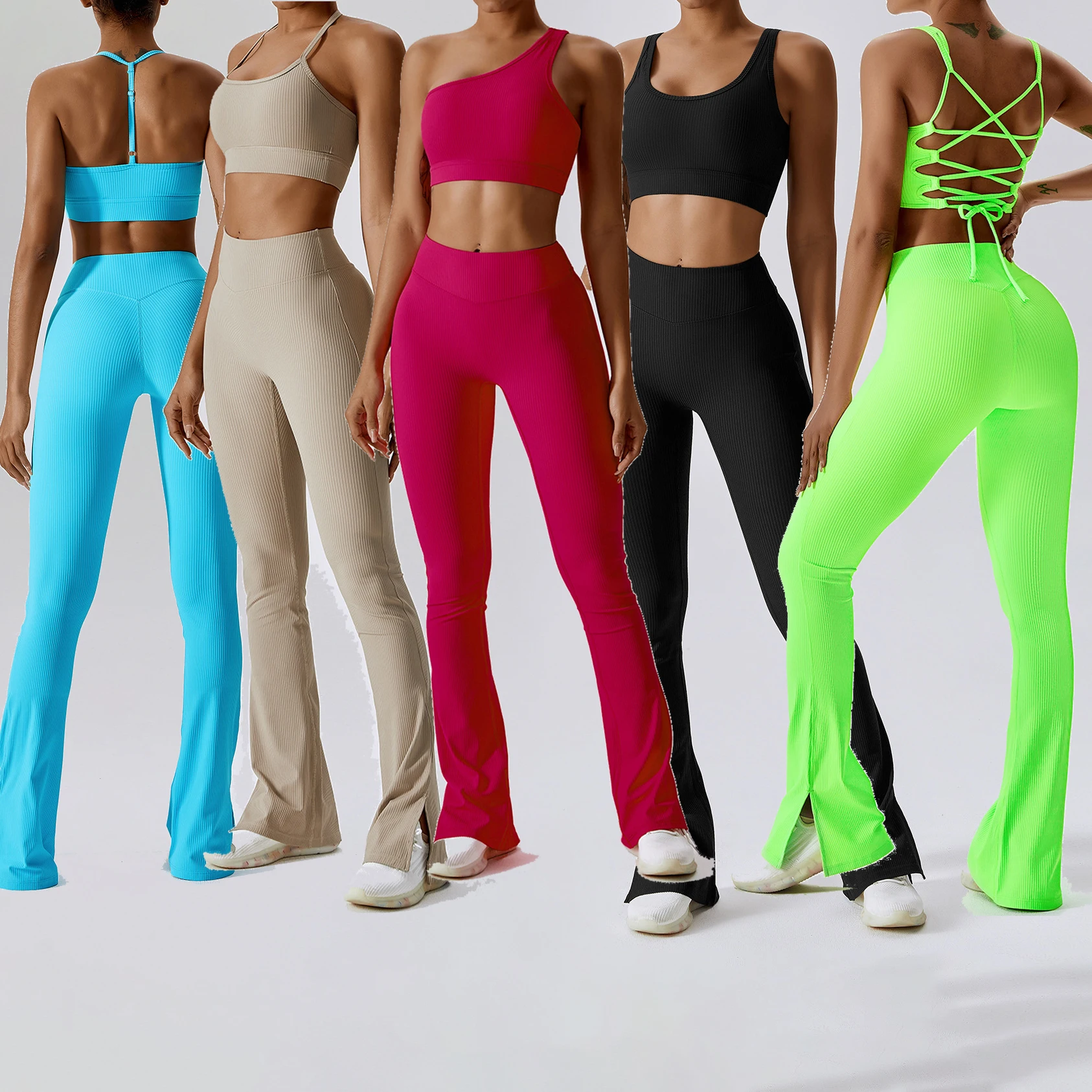 YIYI 2023 Ribbed Soft Fabrics High Elastic Gym Fitness Sets Comfortable Workout Suits Flare Leggings For Woman Active Wear Sets