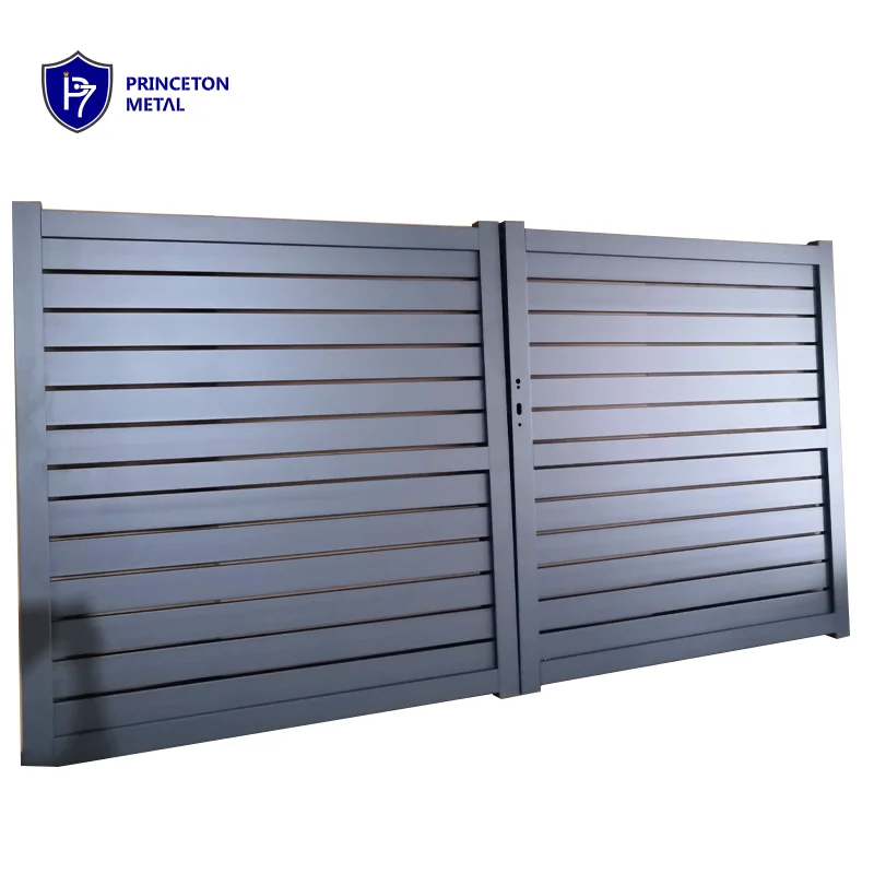 Modern design metal privacy horizontal fencing aluminum automatic double swing walkway driveway main gates for Romania