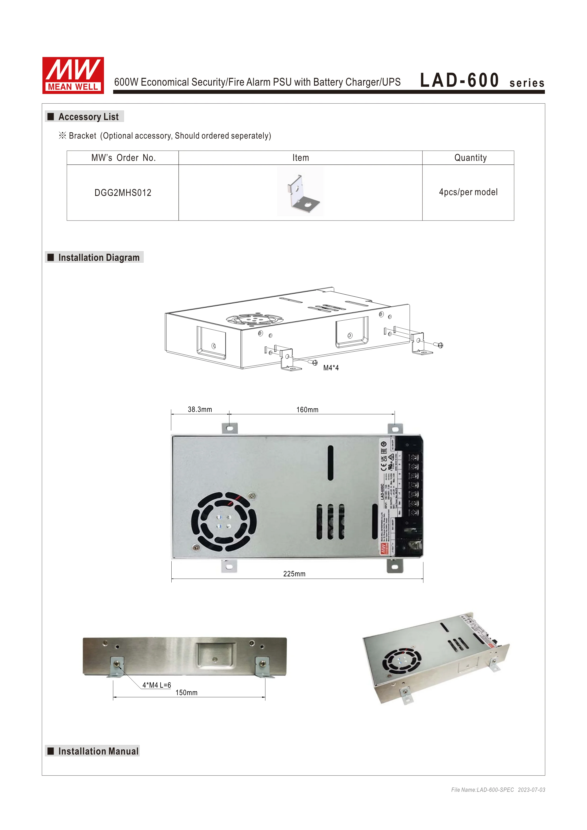 Mean Well LAD-600 series switching power supply Meanwell 600W Economical Security/Fire Alarm PSU with Battery Charger/UPS