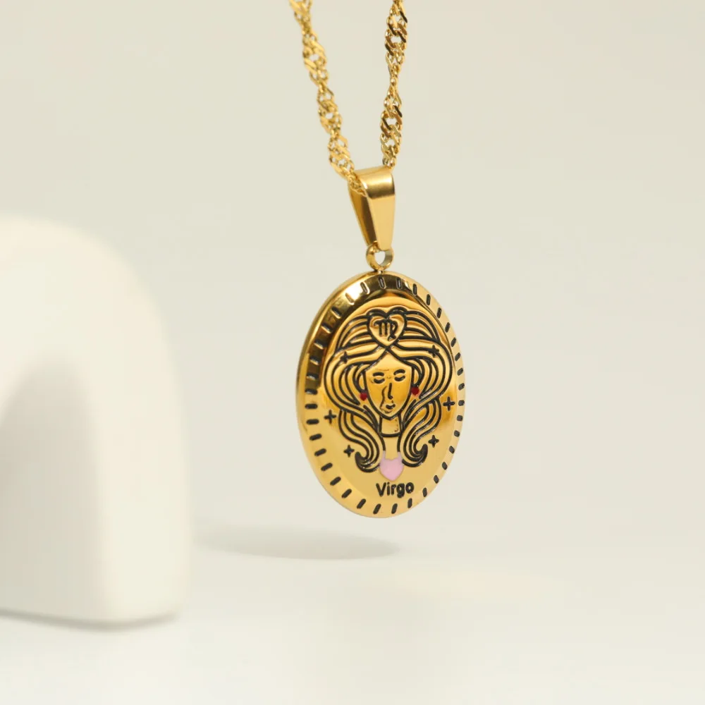Vintage Gold Plated Vermeil Zodiac Necklace Jewelry Stainless Steel Star Sign Pendant Zodiac Medallion Astrology Necklace