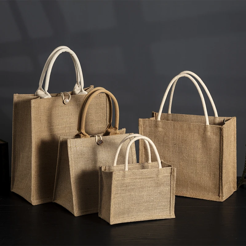 Eco-friendly recycled popular custom jute bag with button jute tote bags for gifts