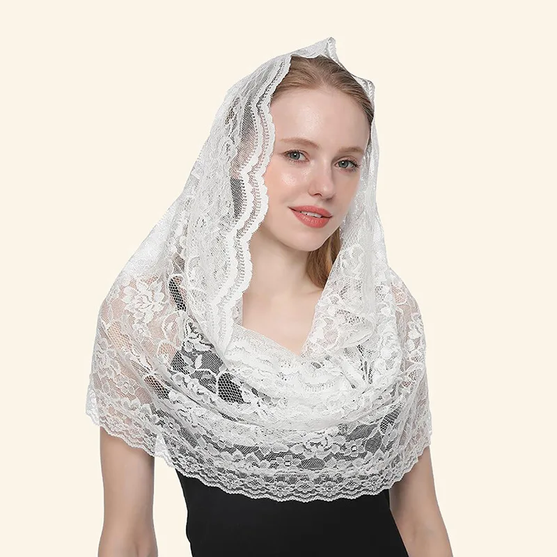 Black and White Women Head Covering Shawl Chapel Infinity Lace Scarf